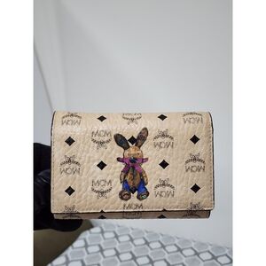 MCM Visetos Rabbit Compact Tri-fold Leather Wallet Beige